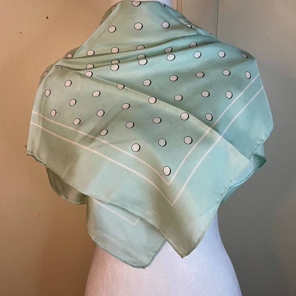 Pale Green Silk Square Scarf With White Polka Dots